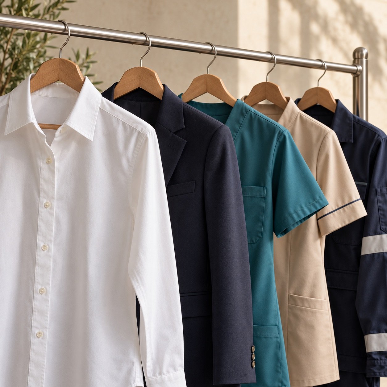 A coordinated selection of shirts, tailored corporate wear, scrubs and hospitality uniforms