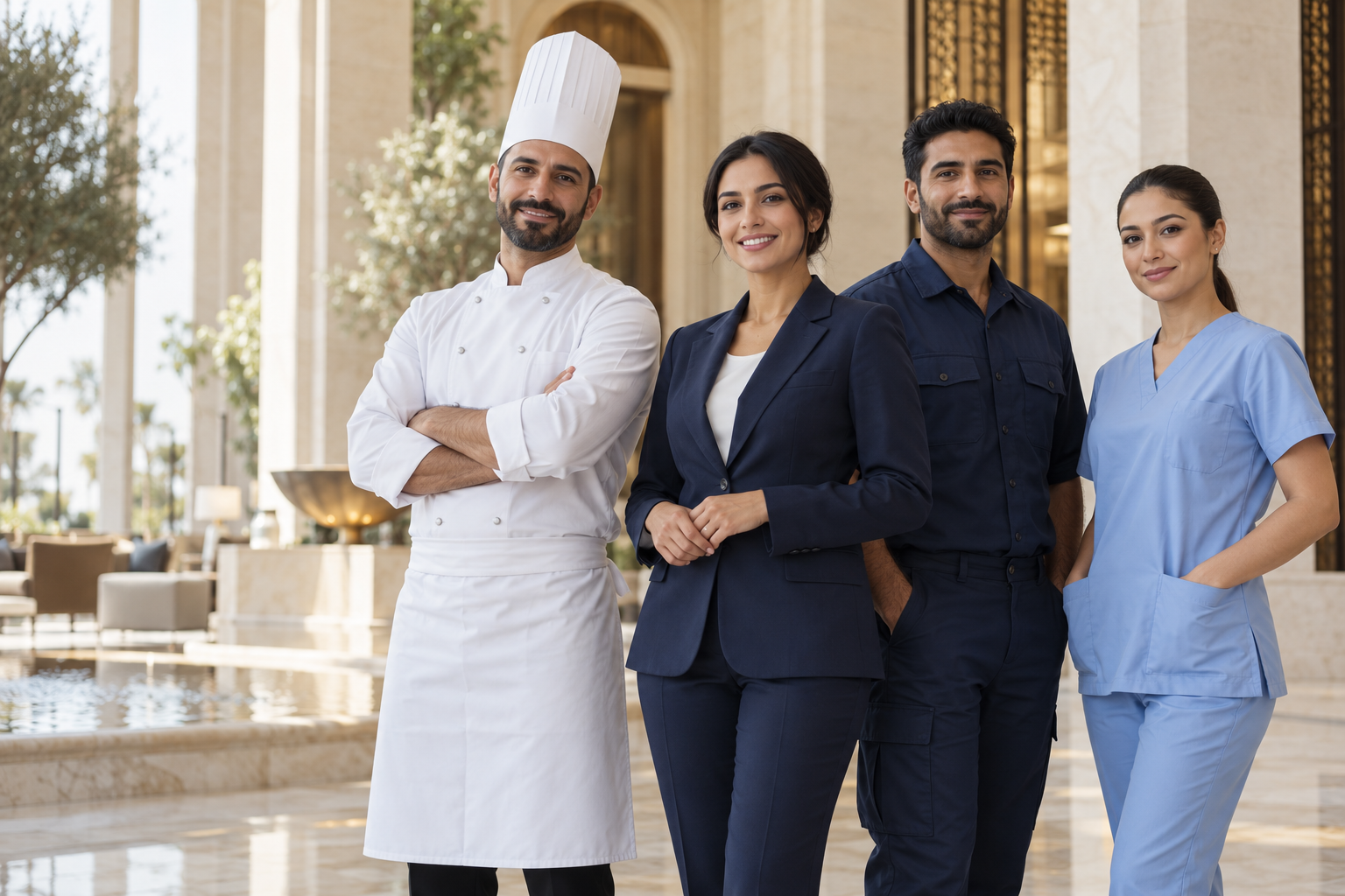 Concept image of professionals wearing hospitality, corporate, industrial and healthcare uniforms
